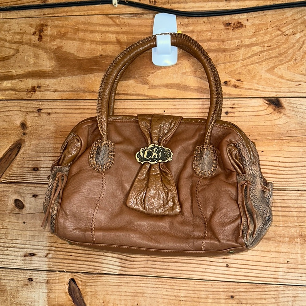 CHI BY CARLOS FALCHI LAMB SKIN LEATHER SNAKE SKIN SATCHEL